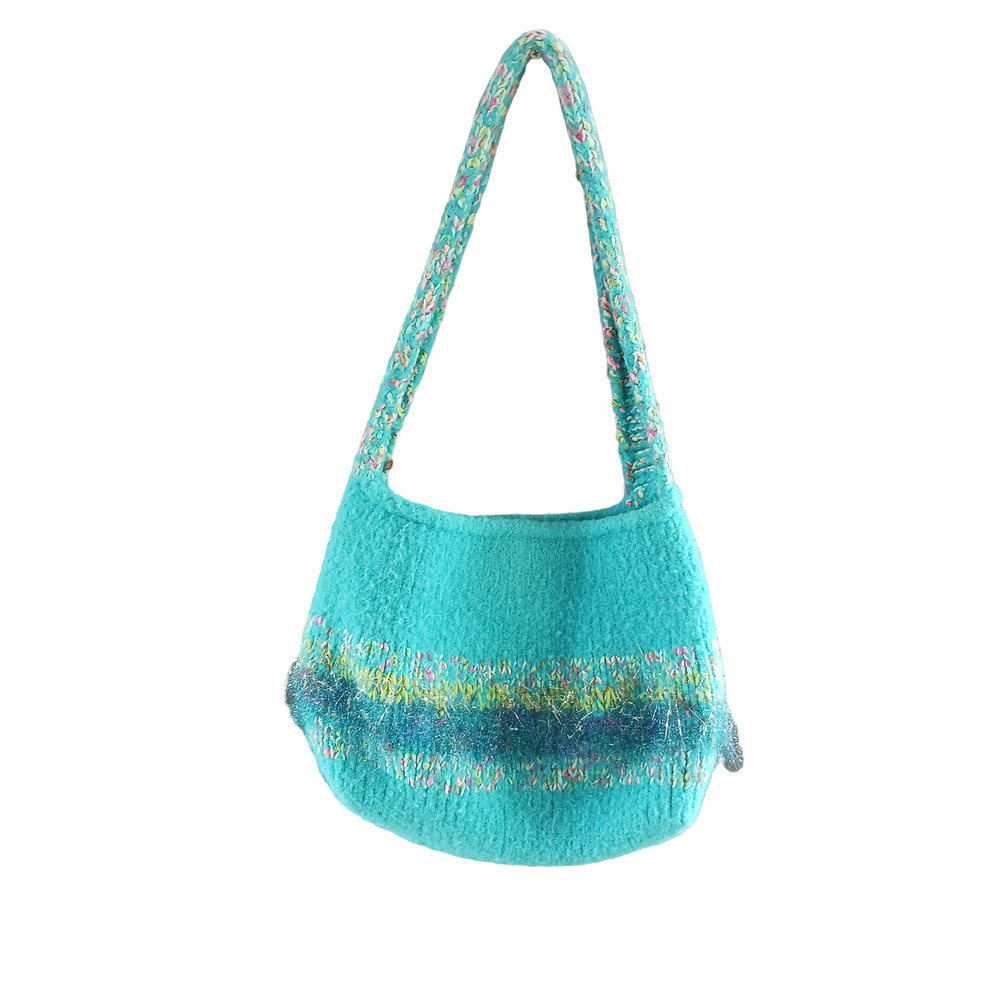 Handmade Wool Purse/Bag Turquoise with rainbow stripe 10 x 13